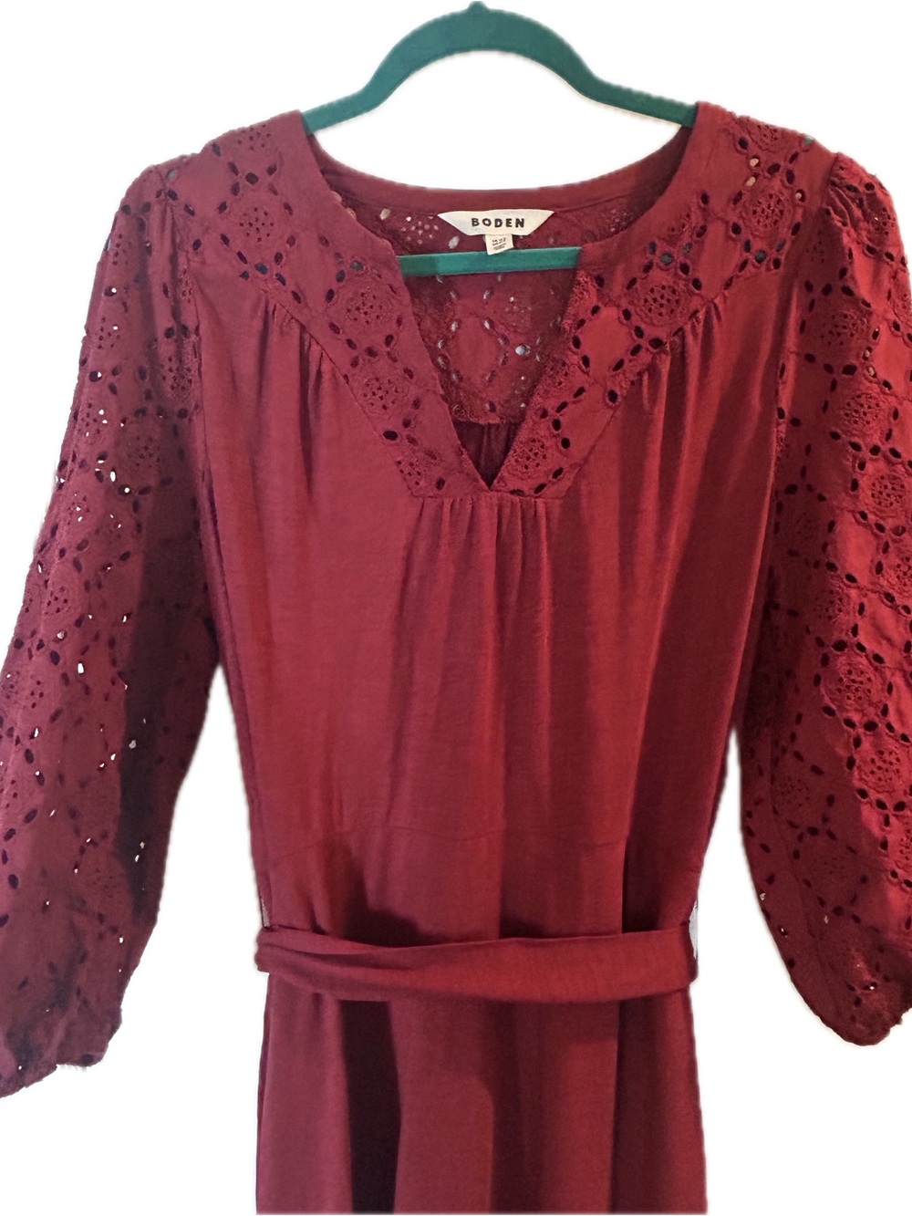 Boden Eden Broderie Jersey Dress—Burgundy Eyelet Detail Midi with Belt, NWOT - Picture 6 of 10
